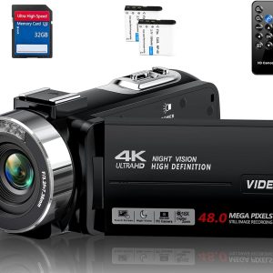 4K Video Camera Camcorder 48MP 30FPS with IR Night Vision,18X Digital Zoom Camera Recorder 3.0" LCD Touch Screen Vlogging Camera for YouTube with Controller, 2 Batteries, 32GB SD Card