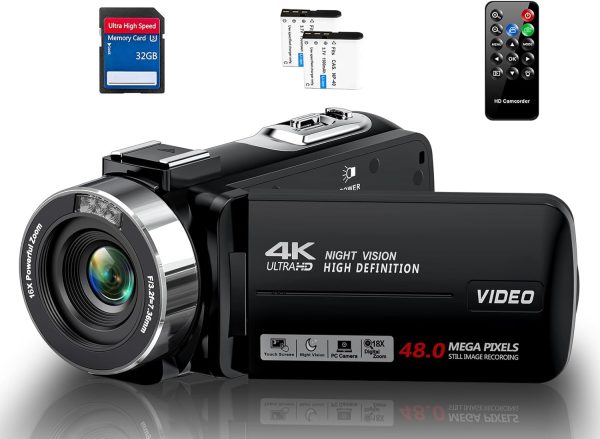4K Video Camera Camcorder 48MP 30FPS with IR Night Vision,18X Digital Zoom Camera Recorder 3.0" LCD Touch Screen Vlogging Camera for YouTube with Controller, 2 Batteries, 32GB SD Card