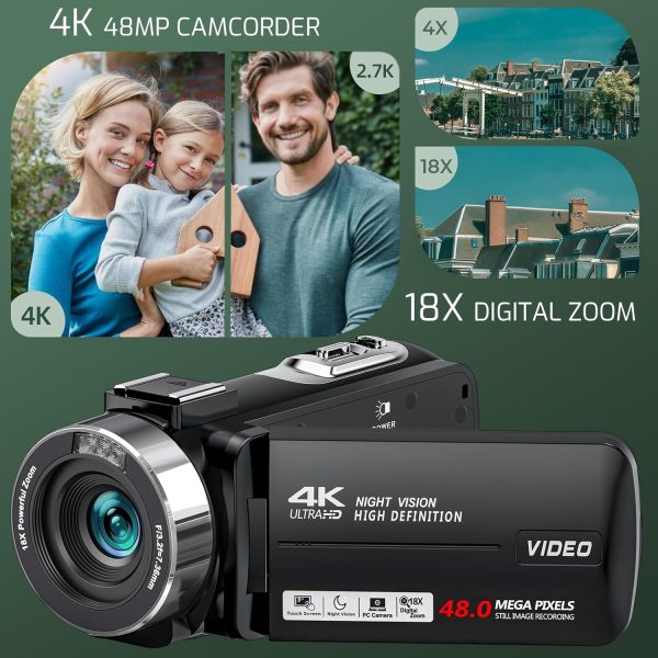 4K Video Camera Camcorder 48MP 30FPS with IR Night Vision,18X Digital Zoom Camera Recorder 3.0" LCD Touch Screen Vlogging Camera for YouTube with Controller, 2 Batteries, 32GB SD Card - Image 2