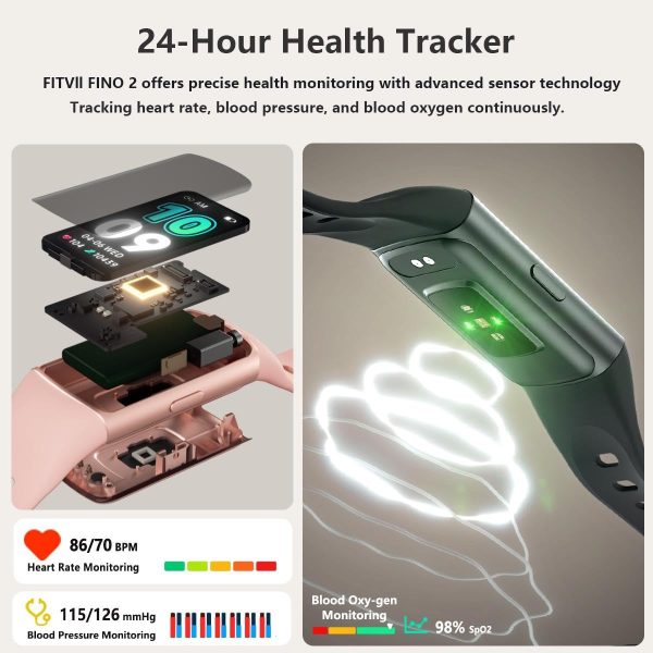 FITVII FINO 2 Slim Fitness Tracker, Smart Watch with Blood Pressure, Blood Oxygen, 24/7 Heart Rate & Sleep Monitor, IP68 Waterproof Health Activity Trackers with Calories Step Counter for Women Men - Image 4